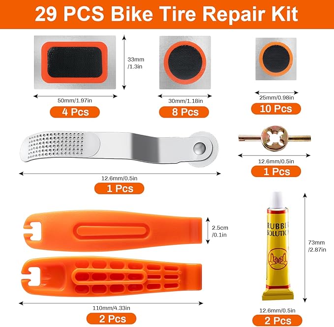 29 PCS Bike Tire Repair Kits - 22 PCS Vulcanizing Patches, Cement, Tire Levers, Metal Rasp & Roller, Valve Wrench, Portable Bicycle Inner Tube Puncture Patch Kit for BMX MTB Road Bike Motorcycle