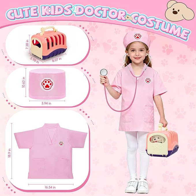 Doctor Kit for Toddlers, 27 Pcs Veterinarian Playset with Walking Dog Toy, Carrying Bag, Stethoscope & Dress Up Costume, Pretend Play Vet Toy for Girls Christmas Birthday Gift Ages 3-6