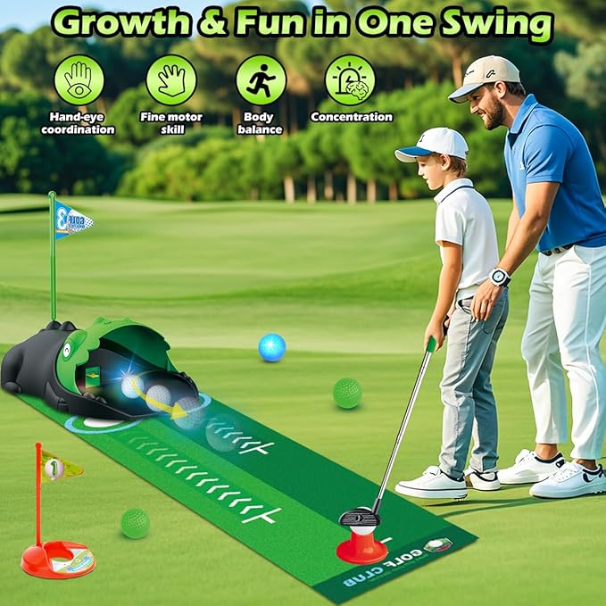 Upgraded Kids Toy Golf Set with Dinosaur Automatic Golf Returner, Led Light Up Night Golf Balls, 3 Clubs, Putting Mat, 3-8 Toddler Mini Golf Games, Indoor Outdoor Sports Toys for Boys Girls 3+