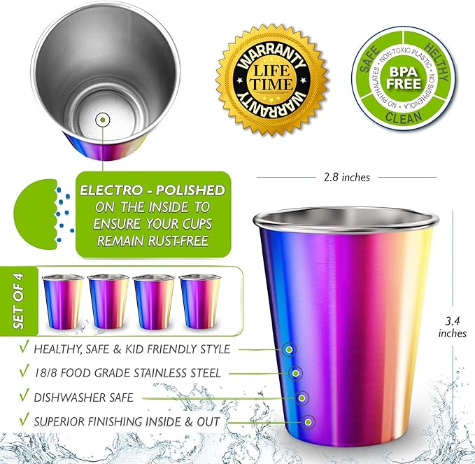 Stainless Steel Kids Cups 8 oz - Stainless Steel Small Children Cups for Home & Outdoor Activities, BPA Free Unbreakable Premium Stackable Metal Drinking Glasses (4-Pack) - Rainbow Colorful Finish