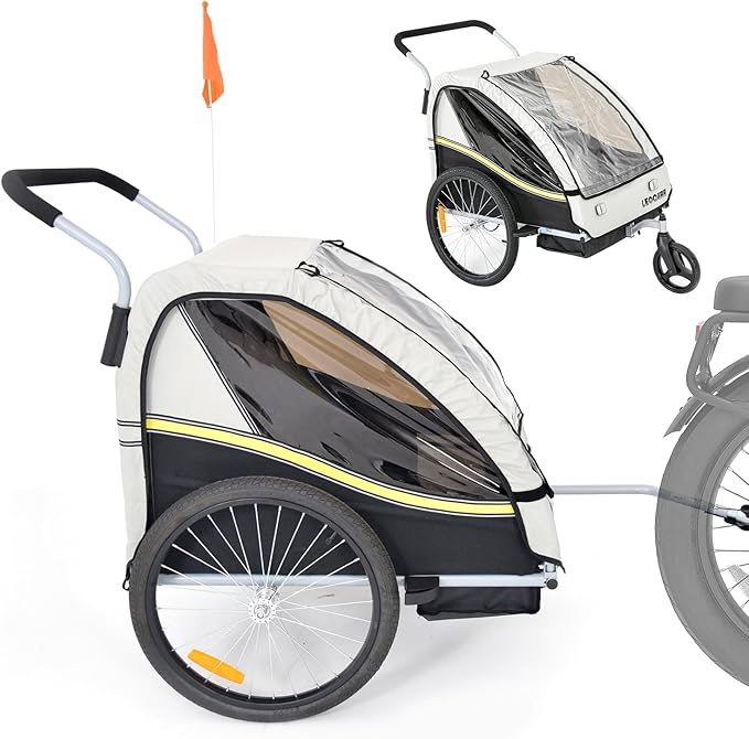 LEOGUAR Bike Trailer for Kids, Stroller, Suitable for 1 to 2 Kids, 5-Point Harness, Padded seat and Backrest, Folding Frame, Quick Release Wheels, 8" Swivel Front Wheel, Bug Screen & Weather Shield