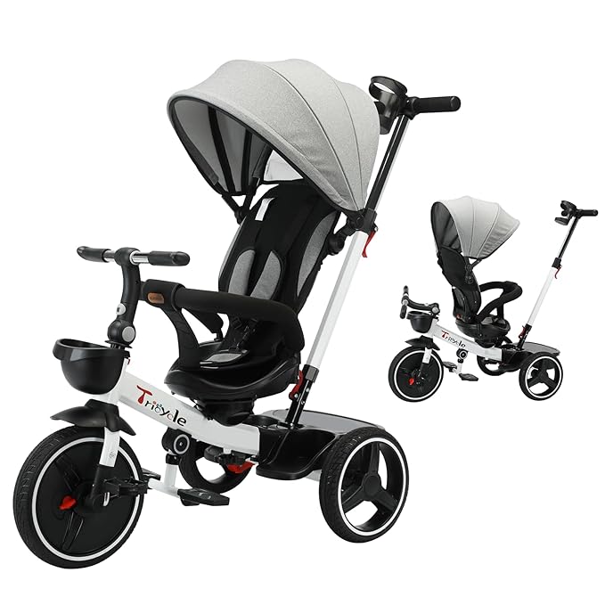 Baby Tricycle,6-in-1 Baby Push Bike Steer Stroller,Learning Toddler Bike/Detachable Guardrail,Adjustable Canopy,Safety Harness,Folding Pedal,Storage Basket,Brake,Shock Absorption