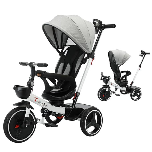 Baby Tricycle,6-in-1 Baby Push Bike Steer Stroller,Learning Toddler Bike/Detachable Guardrail,Adjustable Canopy,Safety Harness,Folding Pedal,Storage Basket,Brake,Shock Absorption