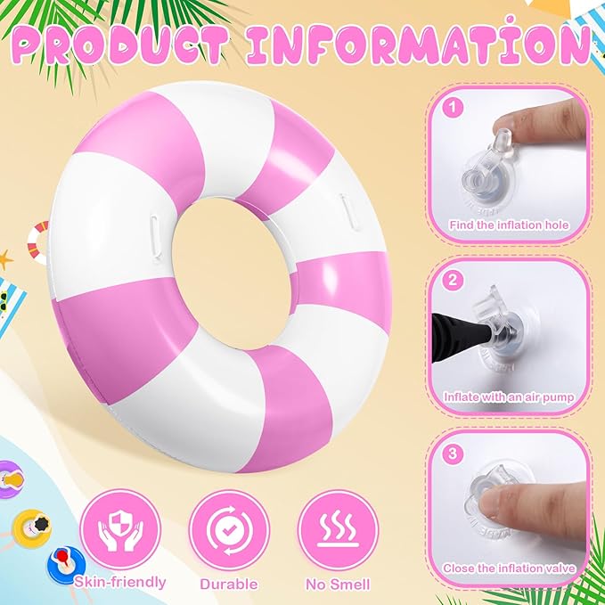 3 Pcs Large Swim Ring with Handles Set 47.24" 39.37" 35.43" Inflatable Pool Inner Tube Classic Striped Pool Ring Floats for Adults Teens Summer Lounger Beach Party Supplies