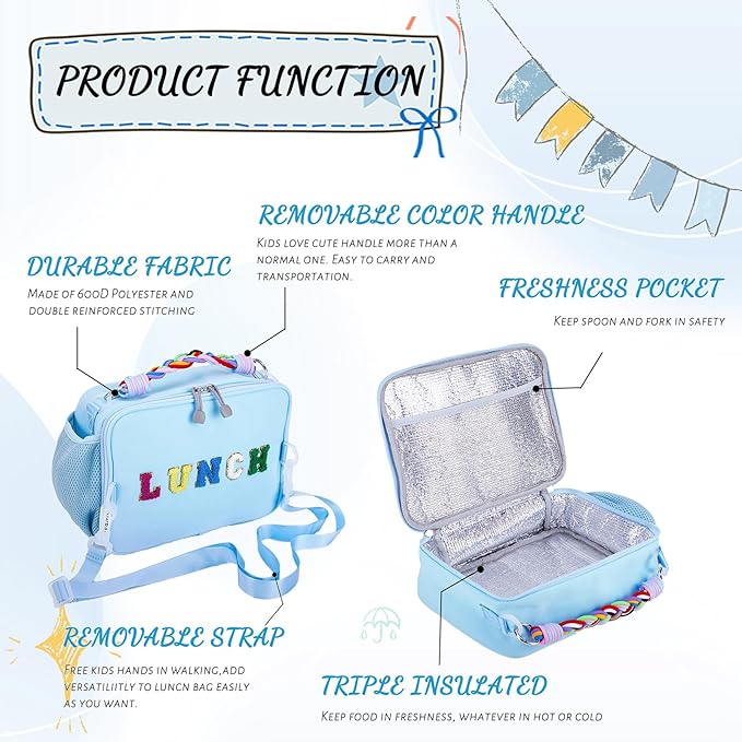 Lunch Bag Kids,Insulated Lunch Bag for Boys with Shoulder Strap,Easy Holds Lunch Box,Snacks and Water Bottle Together,Keep Foods Fresh in School or Picnic (Blue)