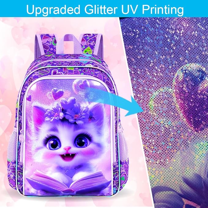 CCJPX 3Pcs Cat Backpack for Girls, 16” Kids Bookbag with Lunch Box, Water Resistant Elementary School Bag for Kindergarten Preschool Toddler (Purple)