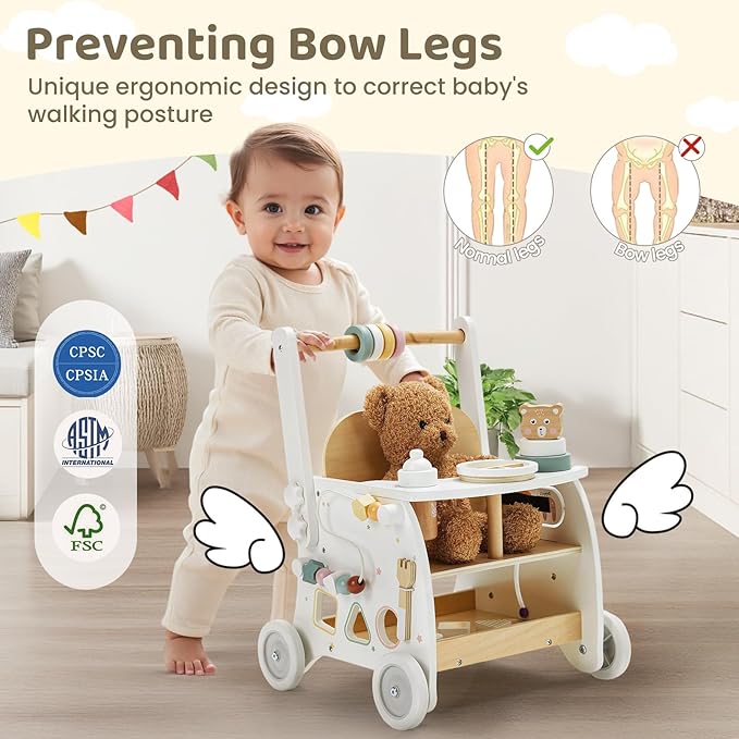 labebe Wooden Baby Walker, Baby Push Walker Doll Stroller, Push Activity Walker for Kids 18M+, Adjustable Speed Learning Walking with Wheels, Birthday Gift for Girls Boys Ages 1-3