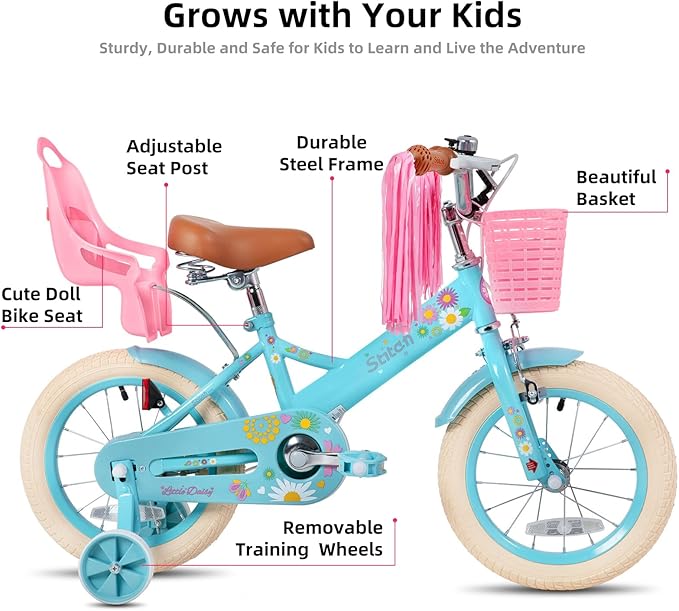 JOYSTAR Kids Bike for 2-7 Years Girls Boys w/o Dual Handbrake 12 14 16 Inch Princess Girls Bike with Training Wheels Doll Seat Streamers Boys Bikes with Flag & Water Bottle, Kids' Bicycle