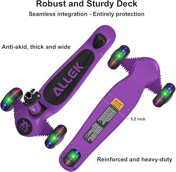 Allek Kick Scooter Foldable F02, 3-Wheel LED Flashing Glider and 4 Adjustable Height with Anti-Slip Thick Deck Push Scooter for Children 3-12yrs