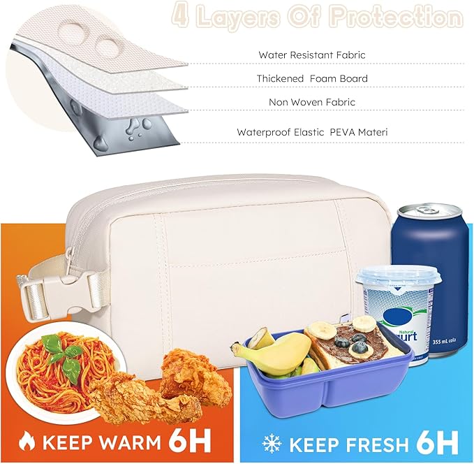 NOL Natural Organic Lifestyle Freezable Snack Bag, Leakproof Cooler Lunch Bag, Reusable, Zip Closure with Buckle Handle Nylon Waterproof Snack Box for Work Travel-Cream