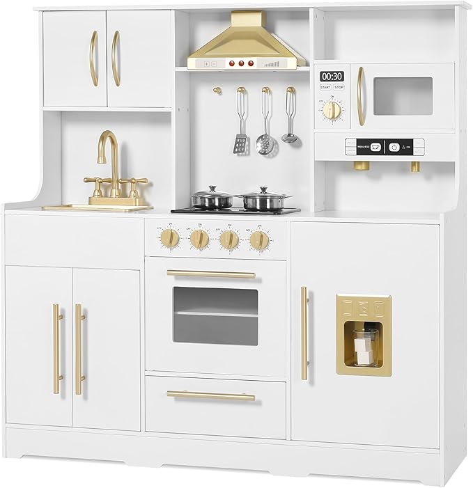 Kids Kitchen Playset, Wooden Play Kitchen with Toy Storage System, Pretend Play Kitchen Set Toy with Range Hood, Ice Maker & Coffee Maker, for Kids Ages 3+, White