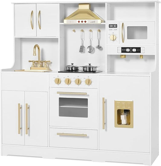 Kids Kitchen Playset, Wooden Play Kitchen with Toy Storage System, Pretend Play Kitchen Set Toy with Range Hood, Ice Maker & Coffee Maker, for Kids Ages 3+, White