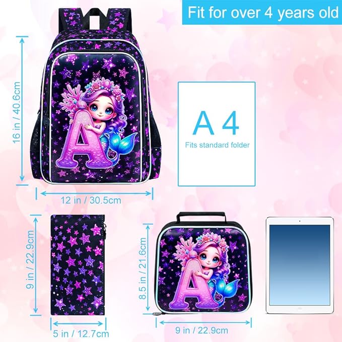 CCJPX 16" Mermaid Backpack for Girls, 3Pcs Kids Bookbag with Lunch Box, Water Resistant Elementary School Bag for Kindergarten Preschool Toddler (Black)