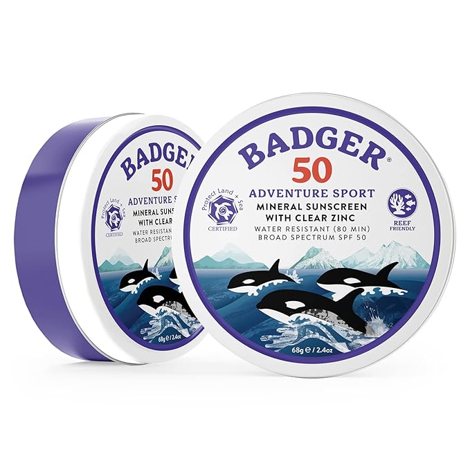 Badger Biodegradable Reef Safe Sunscreen, SPF 50 Mineral Sunscreen, 98% Organic Ingredients, Unscented, Water Resistant Adventure Sport Sun Cream, Travel Size 2.4 oz Tin