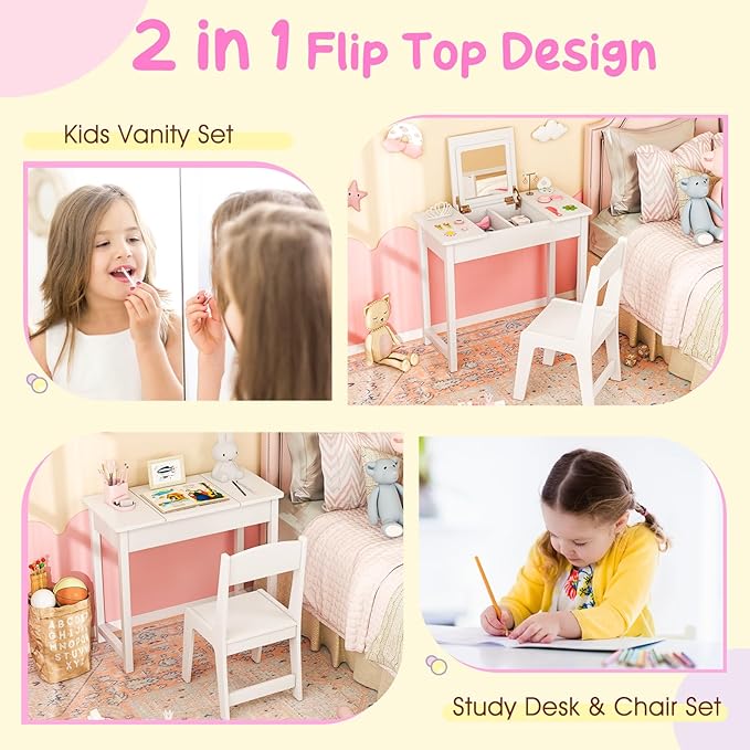 Costzon Kids Vanity, 2 in 1 Girls Vanity Set with Flip Top Mirror, Hidden Storage Space, Wooden Toddler Makeup Vanity Desk Dressing Table, Kids Vanity Table and Chair Set (White)