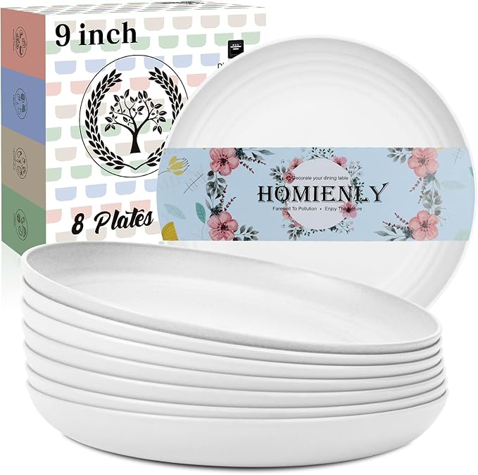 Homienly Wheat Straw Plates Set of 8, 9 inch Unbreakable Microwave and Dishwasher Safe Plates, Lightweight Round Dinner Plates with Unique Texture, Plate for Kitchen, Camping, Picnic - White