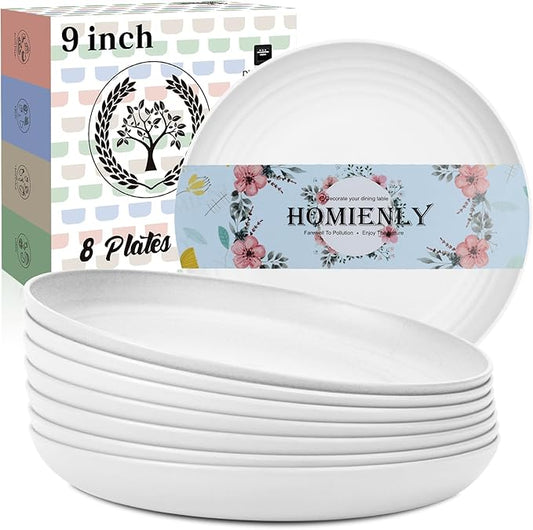 Homienly Wheat Straw Plates Set of 8, 9 inch Unbreakable Microwave and Dishwasher Safe Plates, Lightweight Round Dinner Plates with Unique Texture, Plate for Kitchen, Camping, Picnic - White