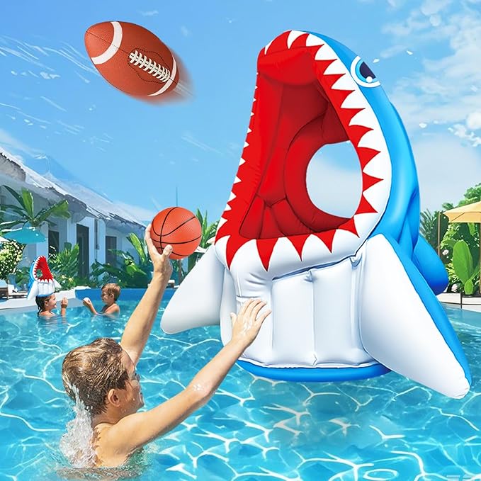 Inflatable Pool Floats, Kids Swimming Pool Toys 3-in-1 Shark Basketball & Football & Head Hoop for 3 4 5 6 7 8 Years Boys Girls Beach Backyard Party Water Games Birthday Gift