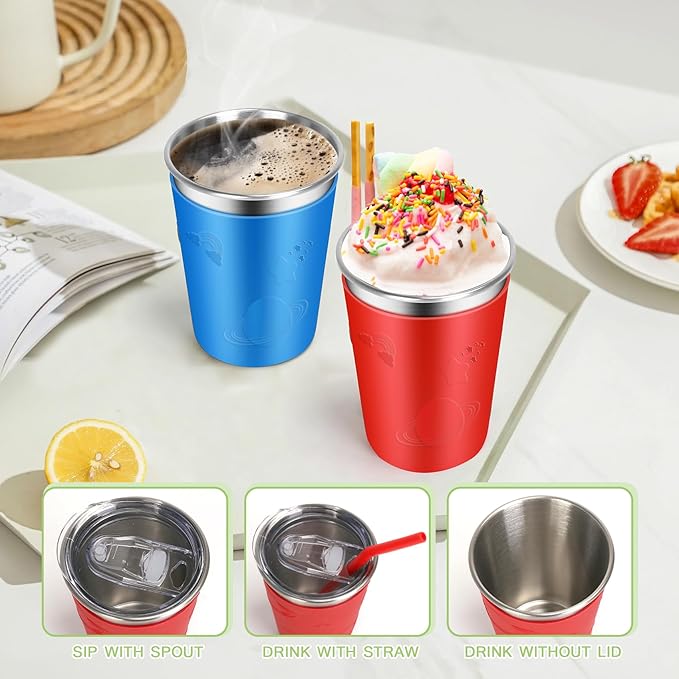 ShineMe Stainless Steel Kids Cups with Straws and Lids, 2 Pack Toddler Cups Spill Proof with Cute Sleeves in Bright Colors, 12oz Unbreakable Kids Drinking Tumblers for Cold/Hot Drinks (Red & Blue)