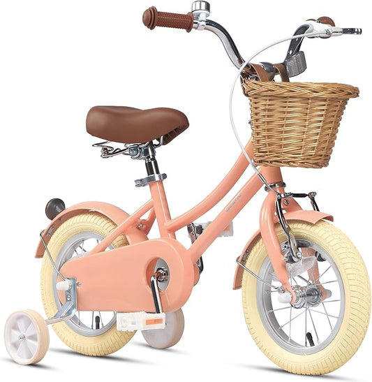 Glerc Little Molly 12-20 Inch Kids Retro Cruiser Bike for 2-13 Year Old with Wicker Basket & Training Wheels/Kickstand, Multiple Colors