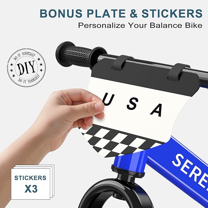 SEREED Toddler Balance Bike 2 Year Old, No Pedal Kids Toy Bike for 2-5 Years Old, Tool-Free Adjustment, Gift for 2-3 Boys Girls, Customize Plate with 3pcs Stickers (Blue)