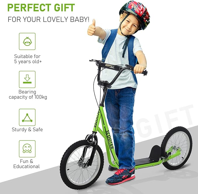 Aosom Youth Scooter Kick Scooter for Kids 5+, Max Load 220 LBS., with Adjustable Handlebar, 16" Inflatable Wheels, Dual Brakes