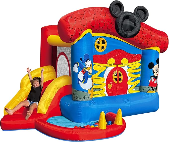 Funormous Disney Mickey Mouse Bounce House with Slide, Indoor Outdoor Inflatable Bouncy Castle Funhouse Ball Pit Plus Heavy Duty Air Blower