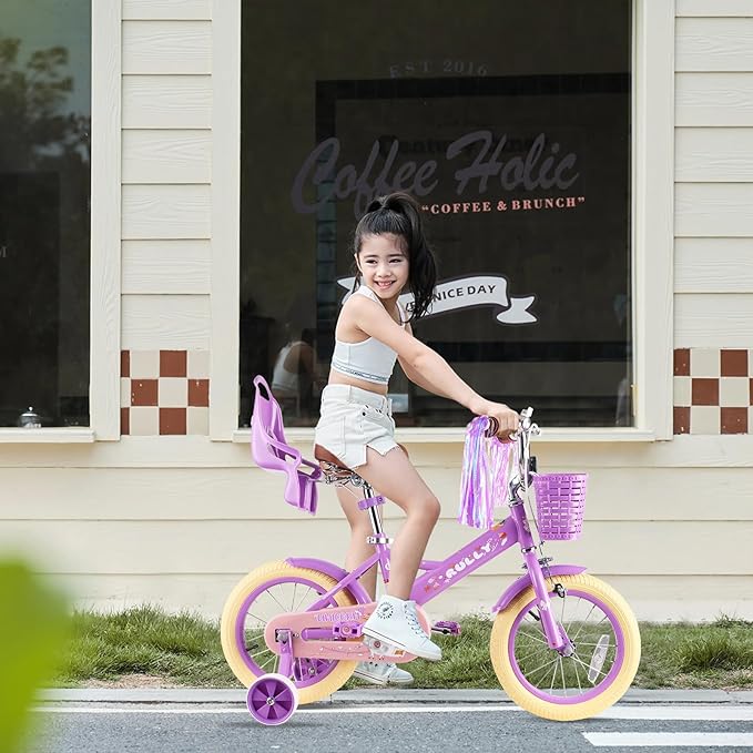 RULLY Kids Bike 12 14 16 inch for 2-7 Years Girls with Training Wheels & Front Handbrake, Kids Bicycle with Basket Bike Streamers Toddler Cycle Bikes