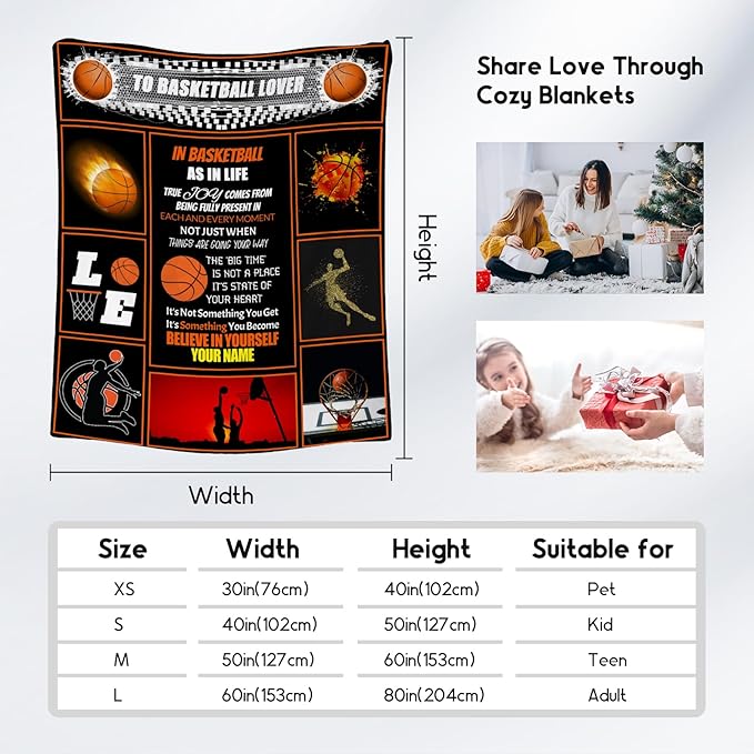 Personalized Basketball Gifts for Boys, Basketball Blanket for Girls Boys, Sport Throw Blankets for Team, Fleece Kids Throws for Living Room Present Ideas (60x80 Inch)