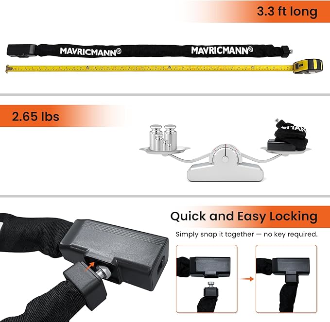 Bike Chain Lock, 3.3 FT Long 5/16"(8mm) Thick Anti-Theft Bicycle Locks, Heavy Duty Bike Lock with 2 Keys, Waterproof Lock for Bike, Motorcycle, Gate