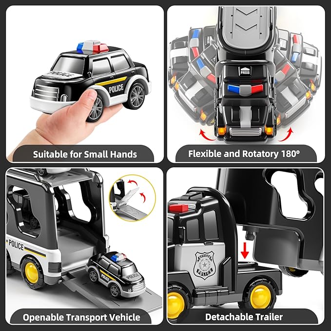 Police Truck Toy for 3-9 Years Old Boys & Girls - 7 in 1 Black Carrier Vehicle Set with 5 Toy Cars & 1 Helicopter, Friction Powered Car for Kids Age 1-3, Birthday Gifts for Toddlers 3-5