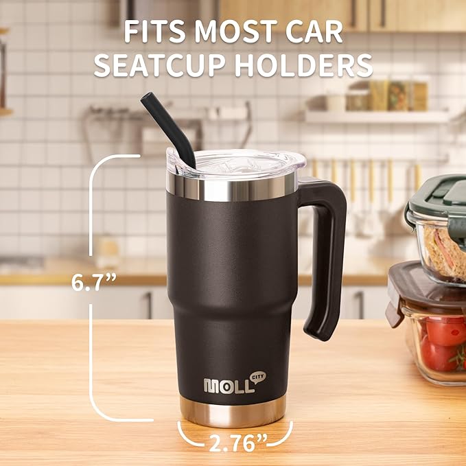 Travel Coffee Mug with Handle-16 oz Stainless Steel Vacuum Insulated Tumbler with Lid and Straw-Reusable Metal Cup with Silicone Pad, Leak Proof-BPA Free (Black)