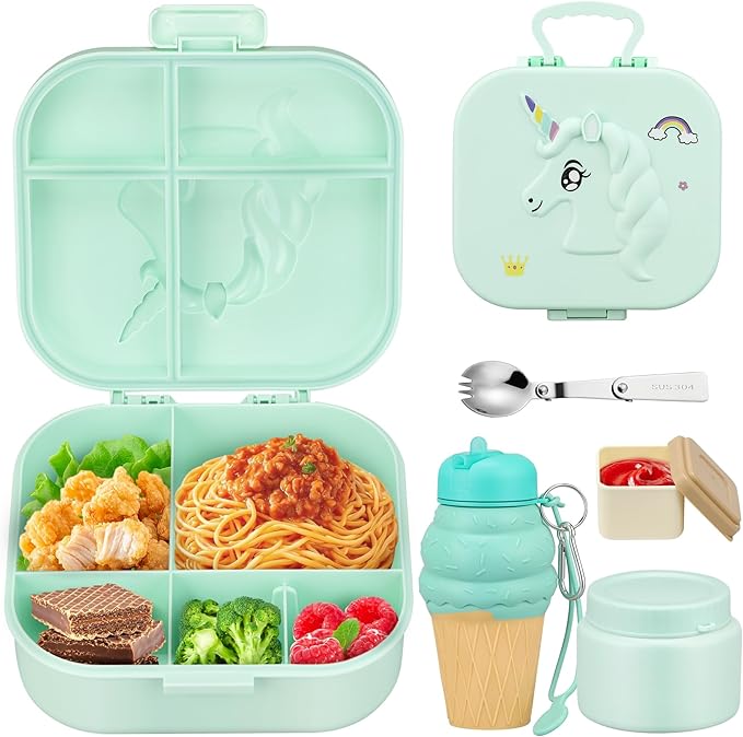Kids Lunch Box Set -12oz Insulated Food Jar, Thermal Bag,Leakproof Lunch Food Containers Cutlery (BPA Free)-Gift for Girls/Boys Age 3-10(Green+Green Jar)