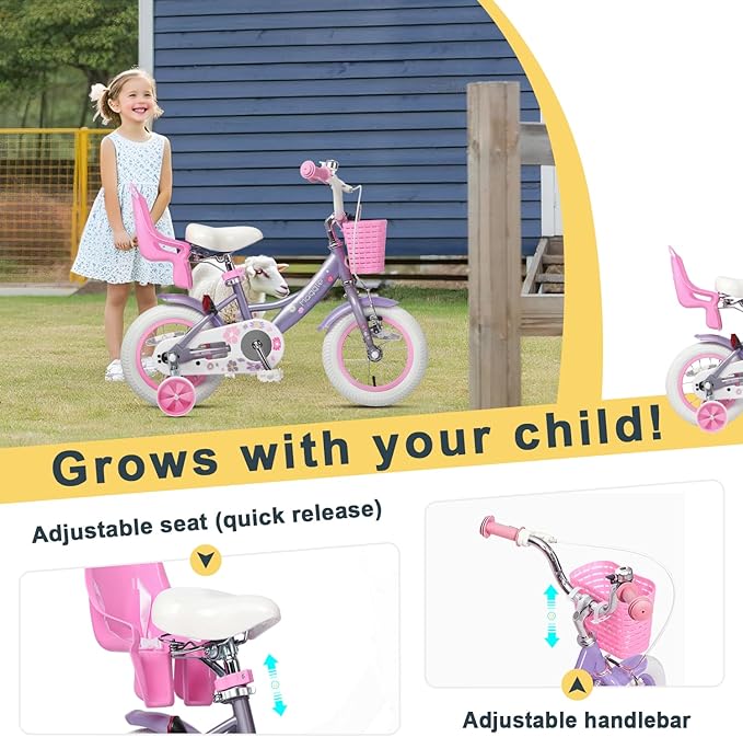 Glerc Maggie Girls Bike, 12-20 Inch Kids Bike for 2-13 Years Old Children, Princess Style Kids Bicycle with Doll-Seat & Basket & Training Wheels, Multiple Colors