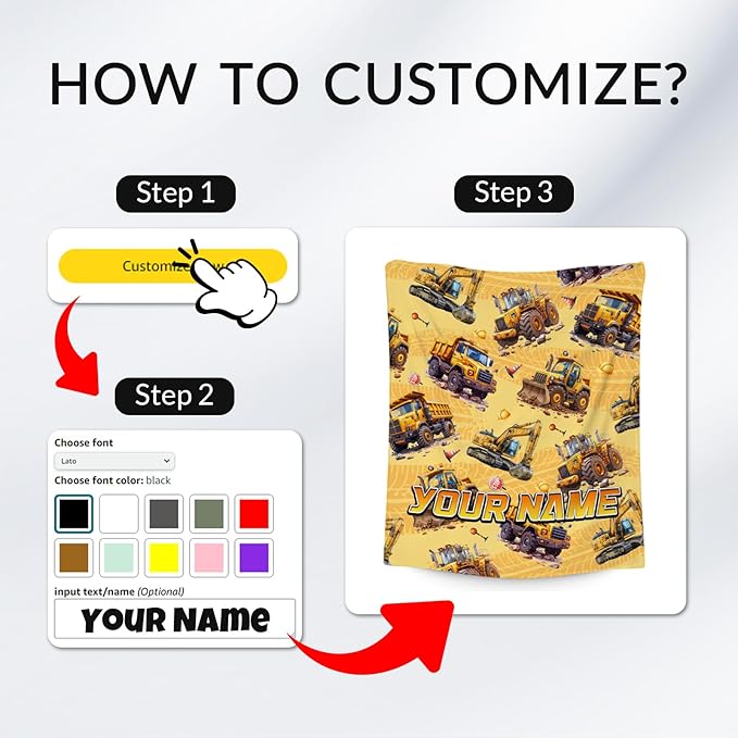 Toddler Blanket for Boys - Custom Construction Truck Gifts for Kids - Personalized Excavator Fleece Throws for Couch Sofa (4 Sizes)