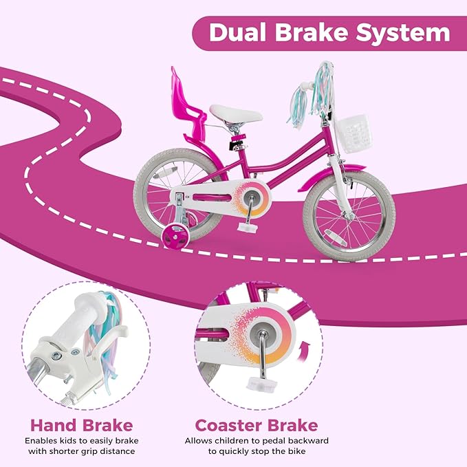 BABY JOY Kids Bike, 12 14 16 18 Inch Children Bicycle w/Detachable Training Wheels, Storage Basket, Adjustable Seat & Handlebar, Bow or Streamer, Girls Bike for 3-8 Years Old
