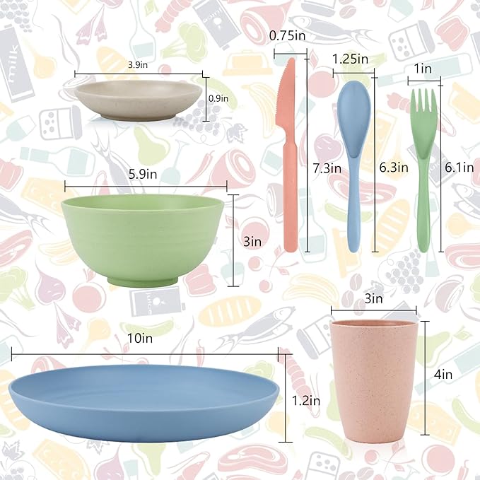 Wrova wheat straw bowls,plates,cups and cutlery sets 28 pcs - Unbreakable Dishwasher Safe dinnerware sets service for 4 - Ideal dish sets for kitchen, camping, indoors and out doors.Nordic