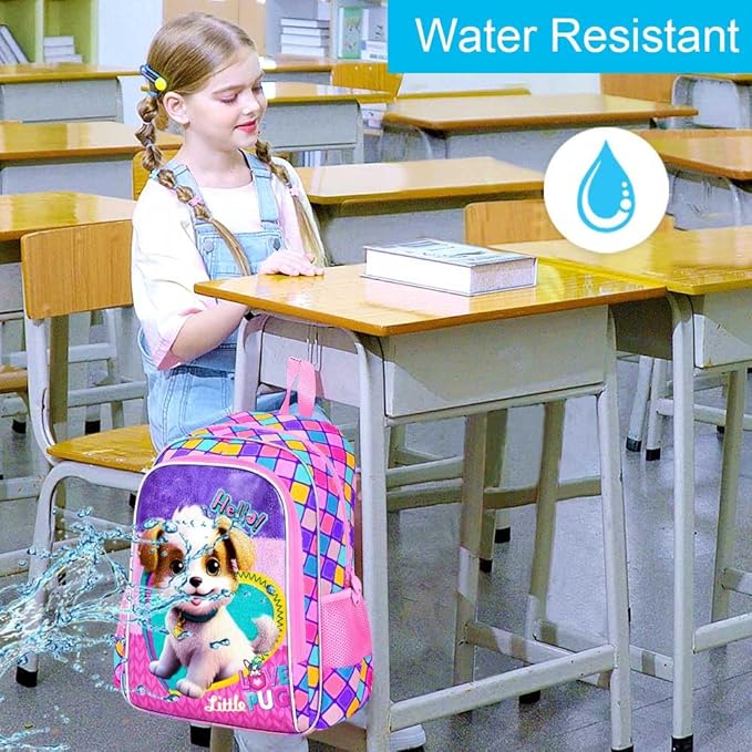 CCJPX 3PCS Kids Backpack for Girls, 16”Dog School Bookbag Set, Cute Water Resistant Elementary School Bag for Preschool Kindergarten Toddler