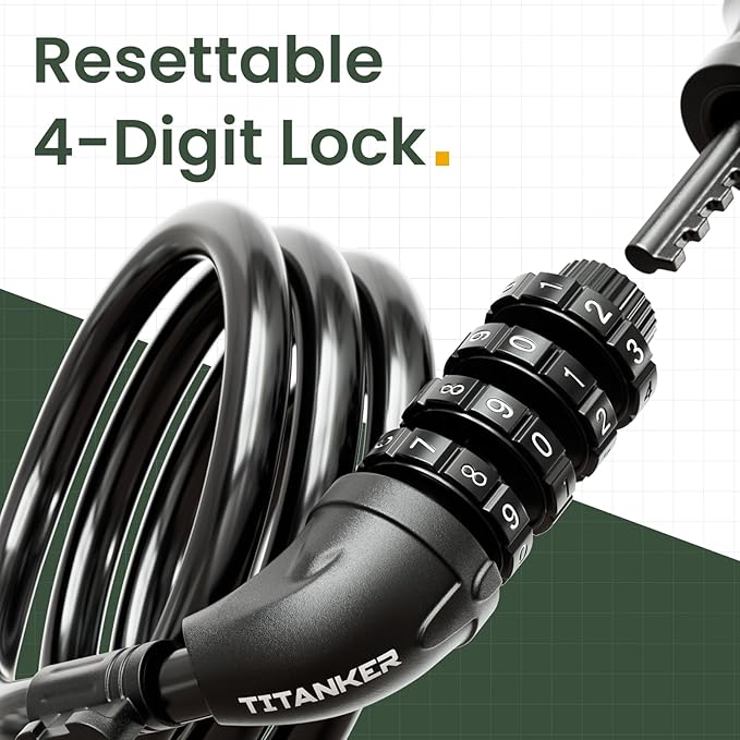 Titanker Bike Lock, Bicycle Lock 4 Feet Cable Lock 1/2 Inch Resettable Bike Lock Combination with Mounting Bracket, Bike Accessories for Bicycle, Electric Scooter, Motorcycle