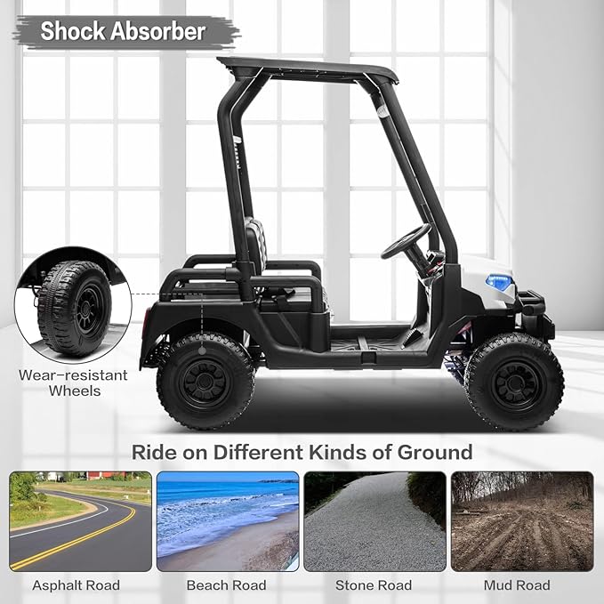 24V 2 Seater Kids Ride on Car, 4WD Golf Cart with Parent Remote Control, 4x4 Motors Ride on Truck with Roof, Toddler Electric Vehicle with Storage Box, Foot Pedal, Music Player, Lights, Horn, White