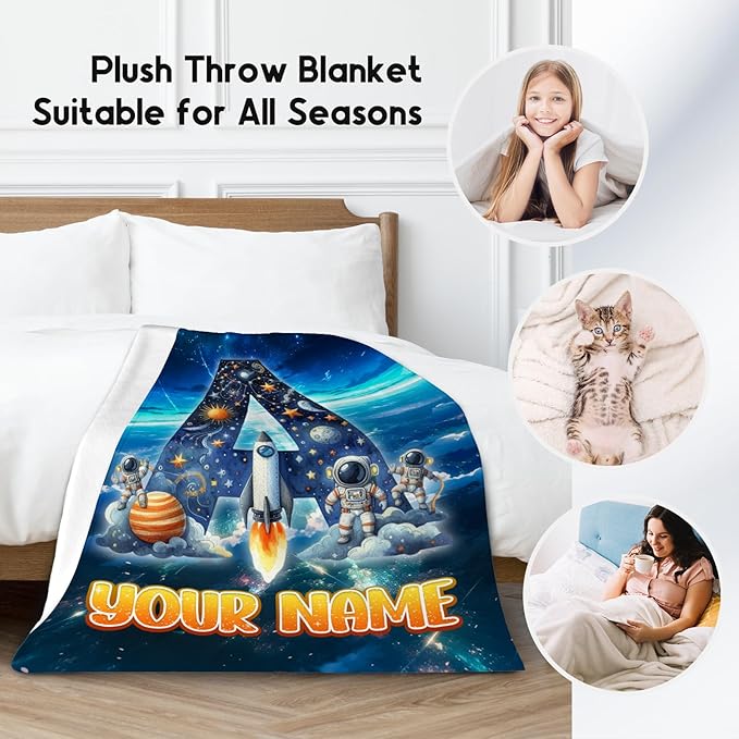 Boys Blanket - Personalized Planet Gifts with Name for Kids - Custom Monogram Blanket for Son Daughter - Warm Fuzzy Flannel Throws - 4 Sizes for Toddler/Children/Teens/Adults