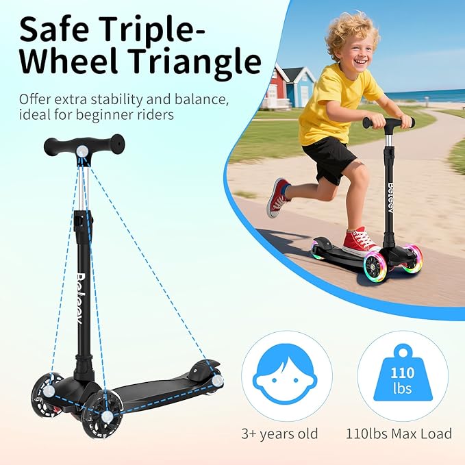 BELEEV Scooters for Kids 3 Wheel Kick Scooter for Toddlers Girls Boys, 4 Adjustable Height, Lean to Steer, Light up Wheels, Extra-Wide Deck, Easy to Assemble for Children Ages 3-12 (Rose Pink)