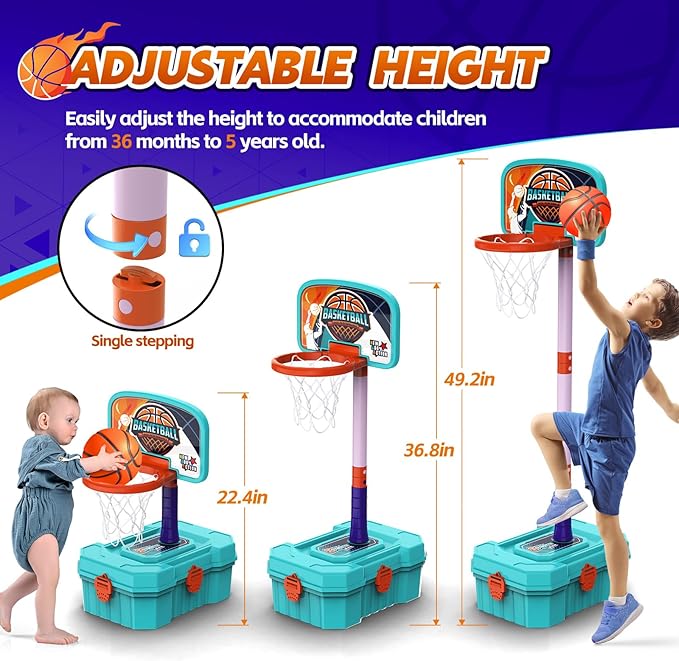 Kids Basketball Hoop and T-Ball Set for Kids 3-5, 4 Adjustable Toddler Basketball Hoop Indoor Outdoor Kids Toys Birthday Gift for Boys Girls