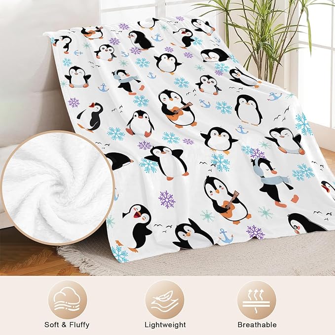 Penguin Throw Blanket for Kids, Cute Penguin Animals Fleece Blanket Gifts for Boys Girls, Warm Cozy Soft Flannel Stuff for Bed Sofa Couch 60" x 50"