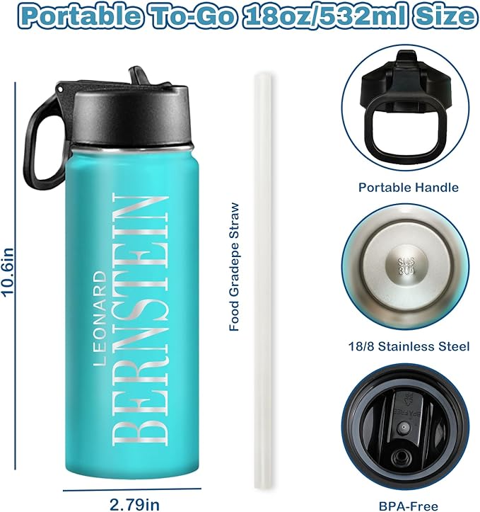 Ships from USA,Custom Water Bottle for Kids & Adults With Engraved Name,Spill Proof Personalized Insulated Stainless Steel Sports Water Bottle with Straw Lid,Personalized Christmas Gifts