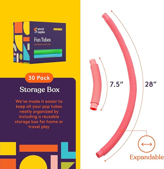 Special Supplies Fun Pull and Stretch Tubes for Kids - Pop, Bend, Build, and Connect Toy, Provide Tactile and Auditory Sensory Play, Colorful, Heavy-Duty Plastic (30-Pack Primary Colors)