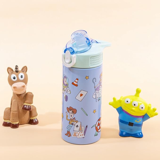 Zak Designs Disney and Pixar Toy Story Sage Kids Water Bottle For School or Travel, 14oz Stainless Steel Water Bottle With Straw, Handle, and Leak-Proof, Pop-Up Spout Cover (Woody, Buzz & Friends)