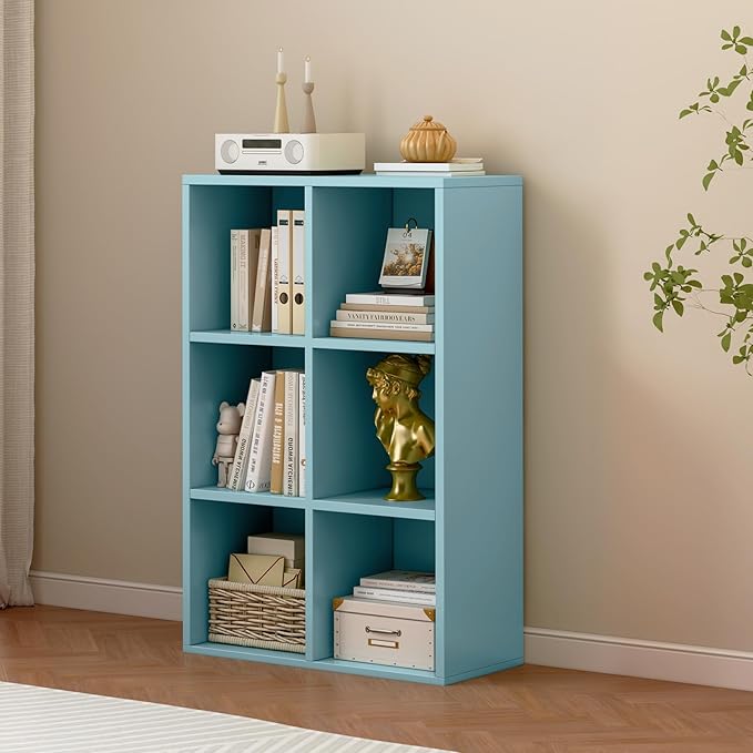 6-Cube Storage Shelf Bookcase - Wooden 3-Tier Floor Standing Open Bookshelf for Home and Office, Display Cabinet, Light Blue