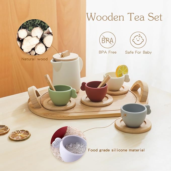 Youuys Wooden Tea Party Set for Toddler 3-5,Kids Tea Sets for Little Girls 4-6, 14pcs Silicone Kitchen Accessories, Pretend Play Montessori Toys with Tray for 3 4 5 6 Year Old Birthday
