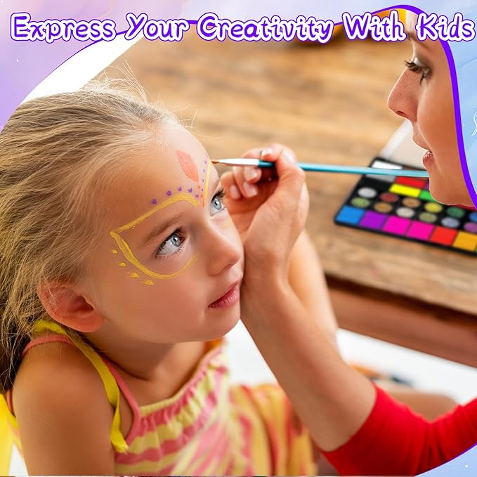42 Colors Face Painting Kit for Kids，Non-Toxic Water Face Painting Palette Kit Professional whit Brushes，Stencils，Gems，sponges，Book&Glitters.Carnival，Halloween，Cosplay，Party； for Kids Makeup Artist